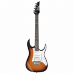 Ibanez GRG140-SB Sunburst electric guitar shown upright from the front with HSS pickups, 24-fret neck, white pickguard, and T106 tremolo bridge on a white background