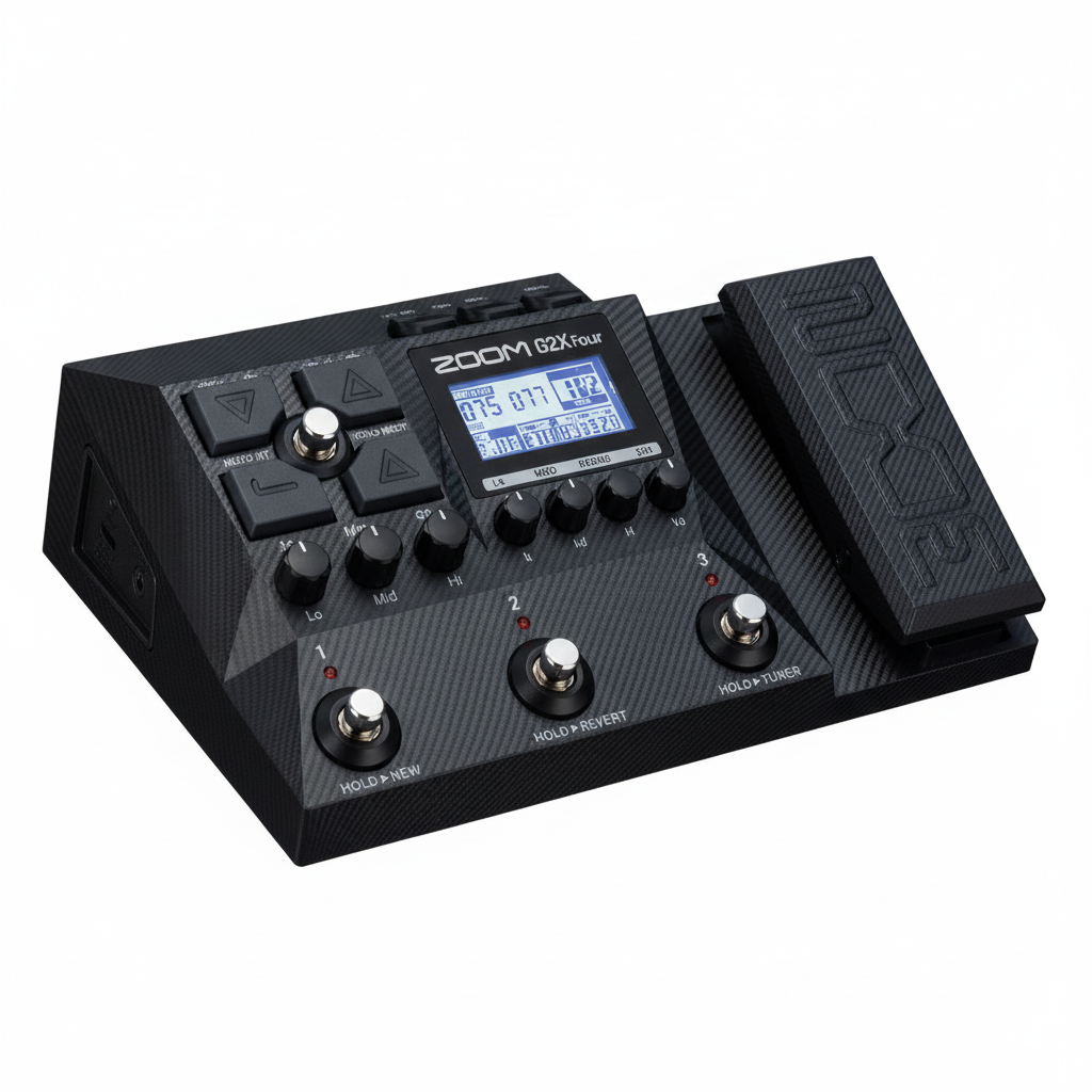 Close three-quarter view of the Zoom G2X Four guitar multi-effects processor showing the display, control knobs, footswitches, and expression pedal