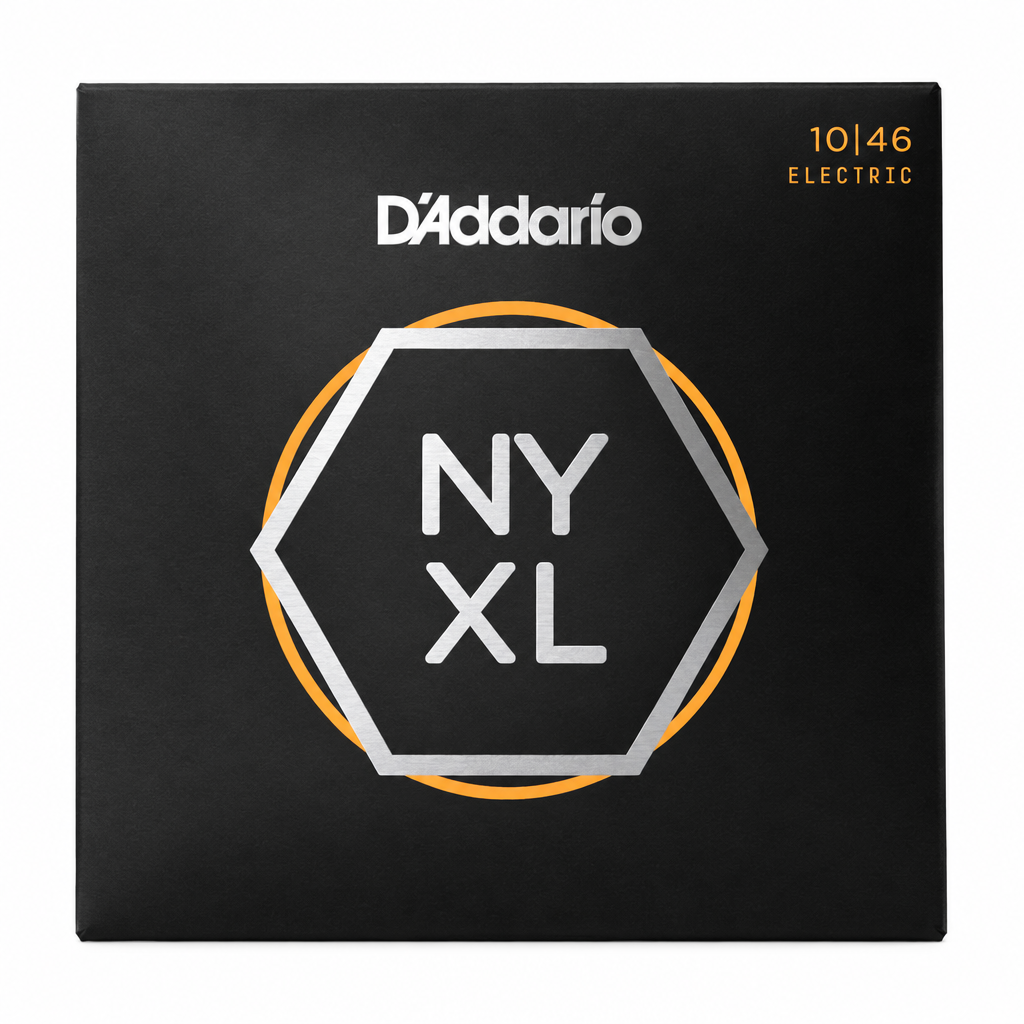 Front view of the D'Addario NYXL1046 electric guitar strings package, 10–46 Regular Light.