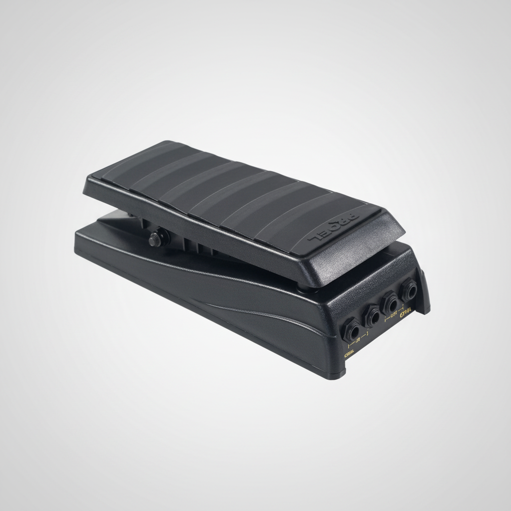 One Proel GF14L black foot pedal shown in a three-quarter diagonal view with its tread surface, side profile, connectors, and branding