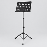 Unbranded P-06 black large music stand shown from a three-quarter angle with a perforated tray, adjustable center post, and tripod base