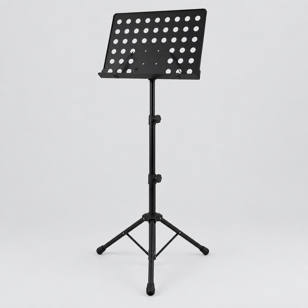 Unbranded P-06 black large music stand shown from a three-quarter angle with a perforated tray, adjustable center post, and tripod base