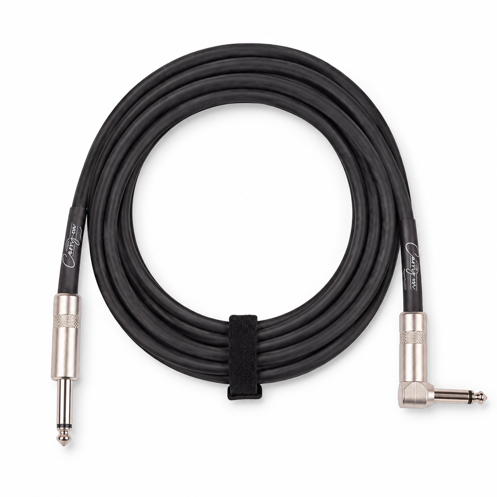 Full view of the black Carry-On 6 m instrument cable showing a straight plug and a right-angle plug.