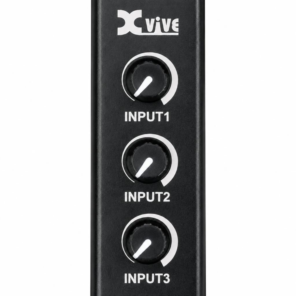 Close-up of the Input 1, Input 2, and Input 3 controls on the Xvive PX amplifier