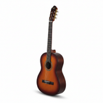 Valencia classical nylon guitar in Sunburst finish shown from a side-angled view highlighting the body depth and curved waist on a white background