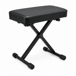 Black adjustable keyboard bench, three-quarter view showing the padded seat, folding frame, and rubber feet