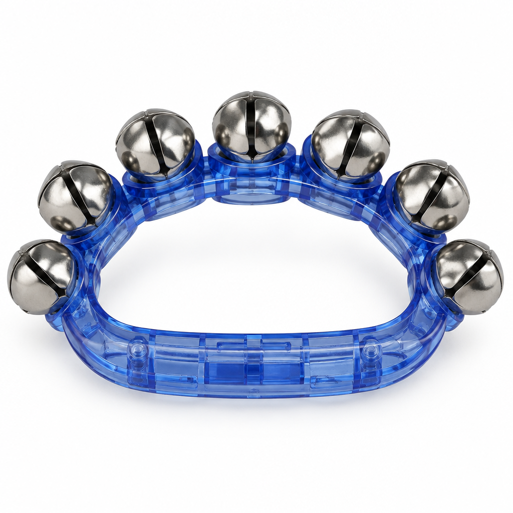 Blue translucent handheld sleigh bell with metal bells, rear view