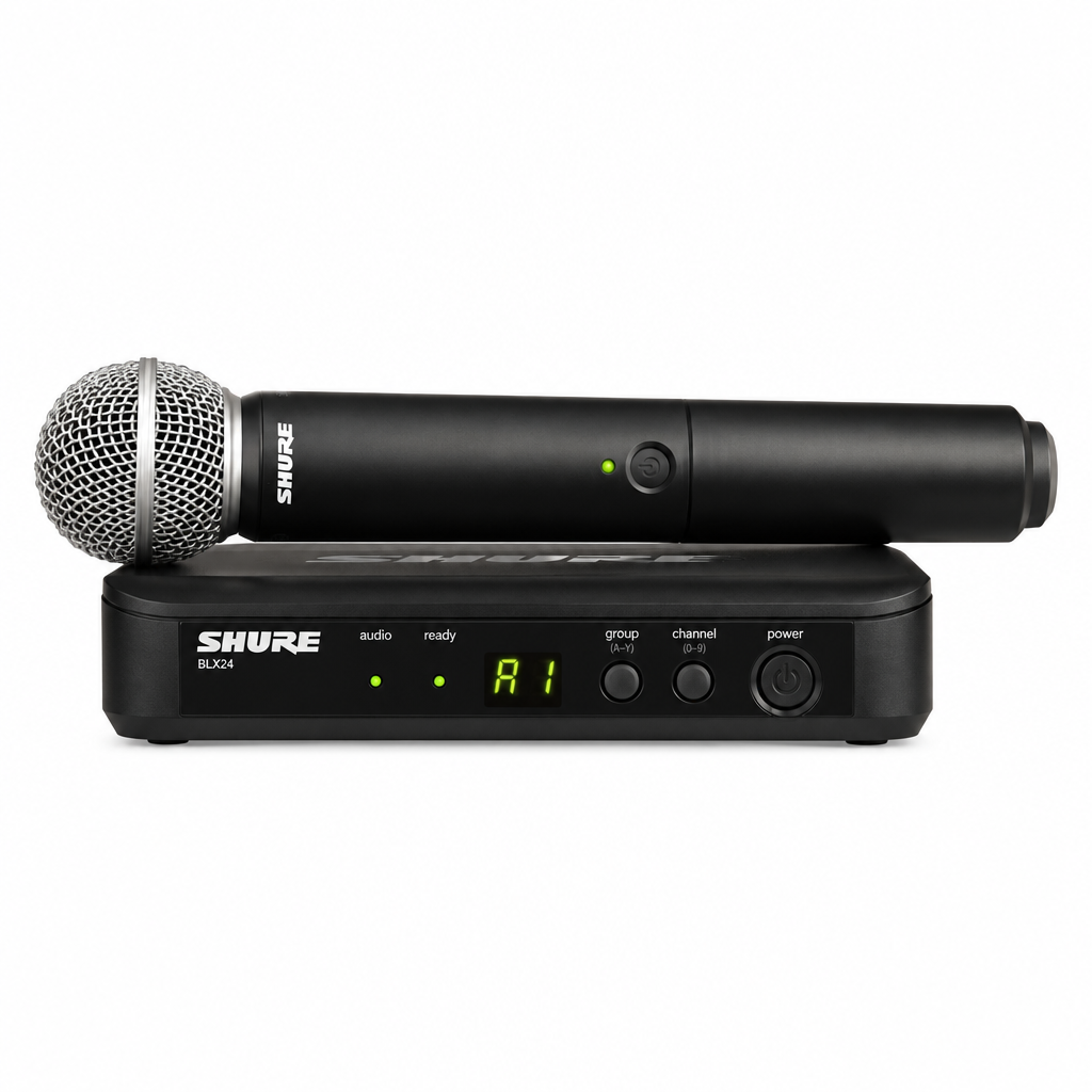 Front view of the Shure BLX24 wireless receiver with the SM58 handheld microphone