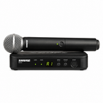 Front view of the Shure BLX24 wireless receiver with the SM58 handheld microphone