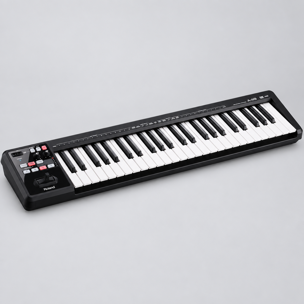 Three-quarter view of the black Roland A-49 BK MIDI controller showing its keys and left-side controls.