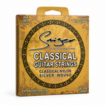 Smiger GSC-028 .028-.043 light classical guitar strings package, three-quarter angled view showing package thickness and original manufacturer design