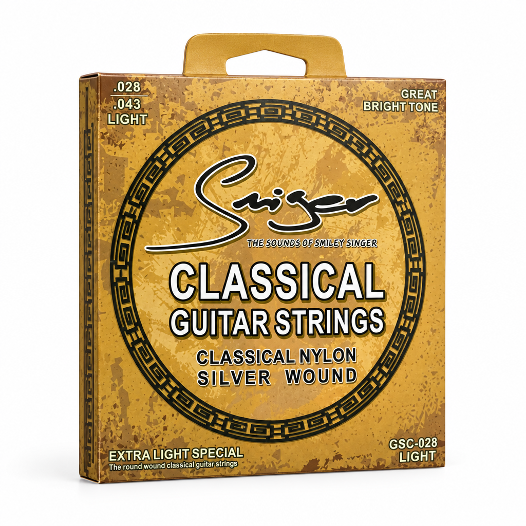 Smiger GSC-028 .028-.043 light classical guitar strings package, three-quarter angled view showing package thickness and original manufacturer design