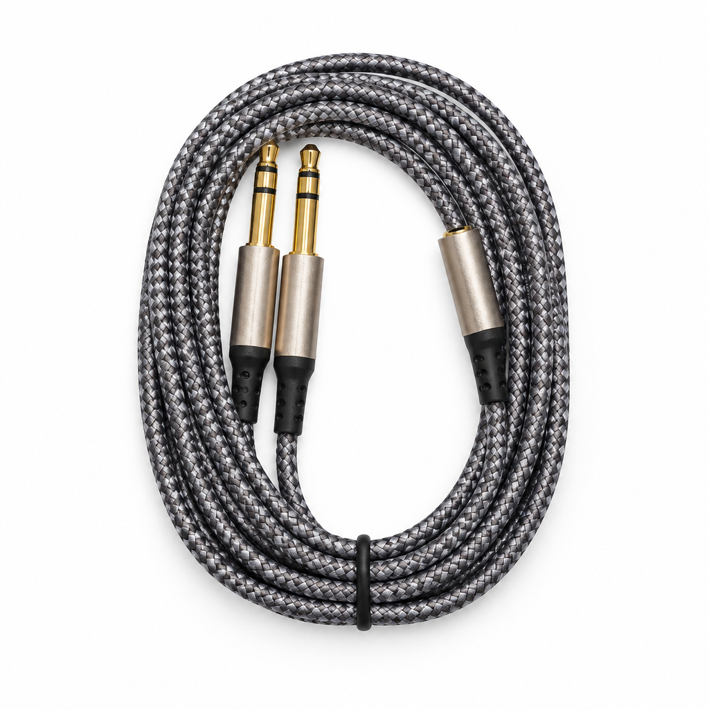 Braided headphone audio cable, full view showing the cable and 3.5 mm connectors