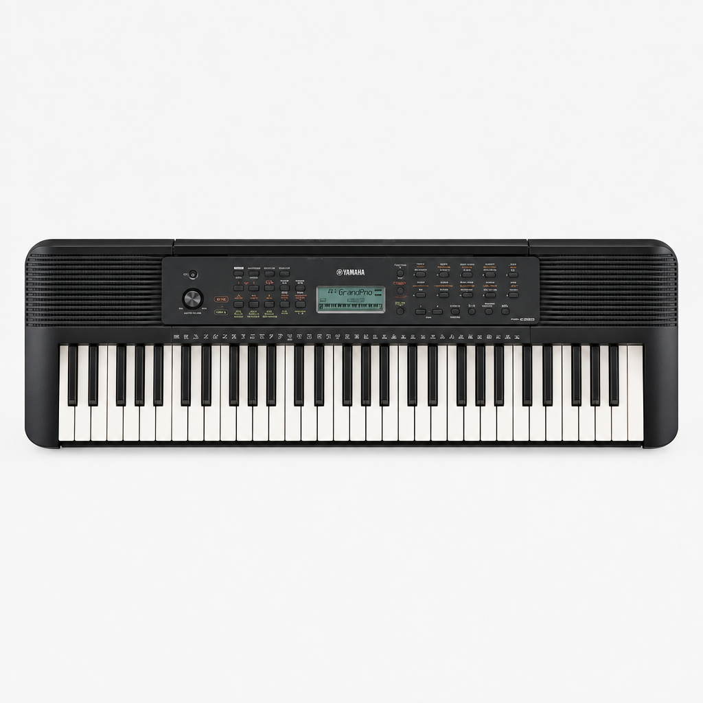 Straight-on front view of the Yamaha PSR-E283 61-key portable keyboard showing its keys, control panel, and speakers.