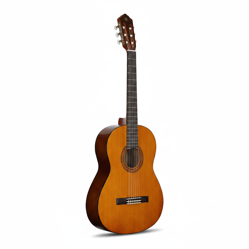 Yamaha C40 full-size classical nylon guitar shown from a side-angled view highlighting the body depth, neck, and natural finish on a white background