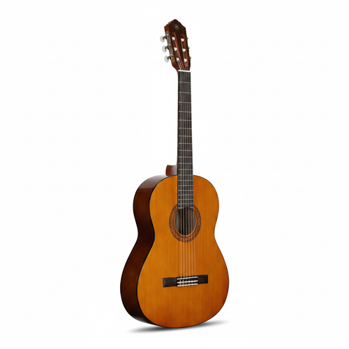 Yamaha C40 full-size classical nylon guitar shown from a side-angled view highlighting the body depth, neck, and natural finish on a white background