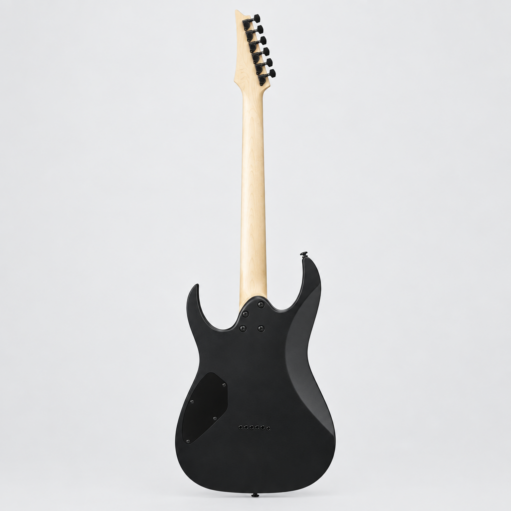 Straight-on full rear view of the Ibanez GRG121DX GIO electric guitar in Black Flat.