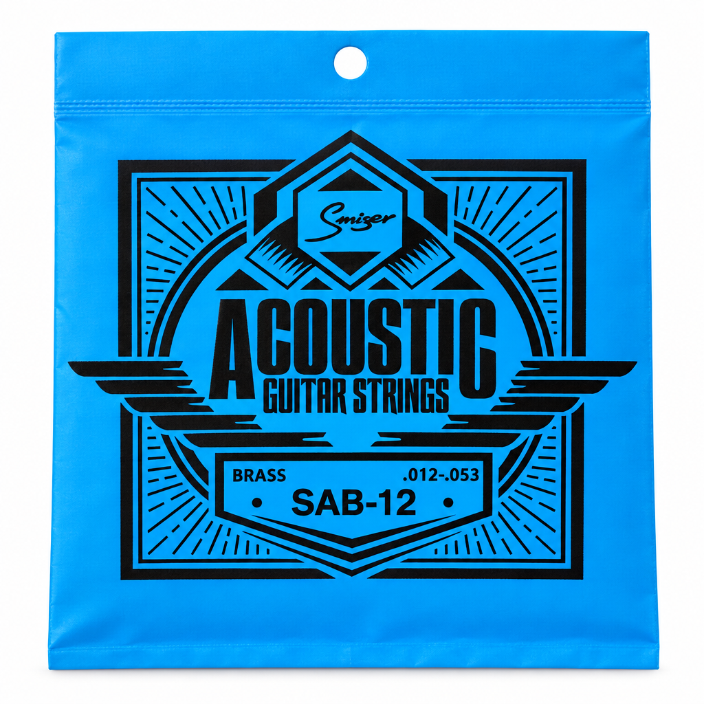 Close-up of the Smiger SAB-12 brass acoustic guitar strings package showing the original .012-.053 gauge and package specifications