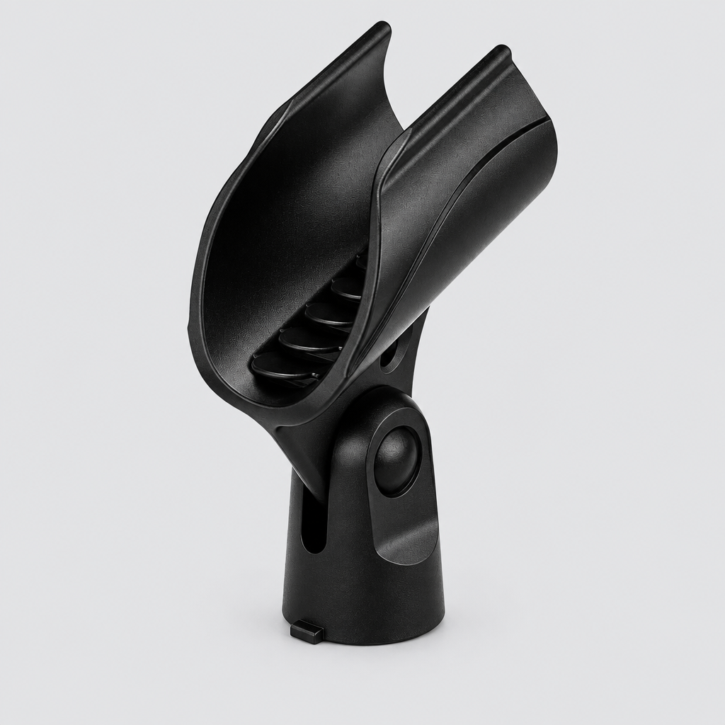 Unbranded A7 microphone holder shown from a three-quarter angle with its black cradle, adjustment joint, and mounting base