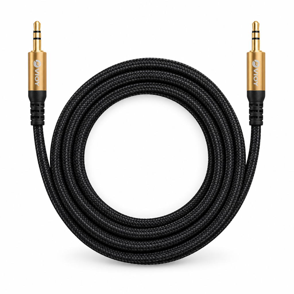 VIOY 2 m braided AUX audio cable, full view showing the cable and 3.5 mm connectors