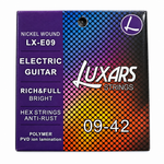 Close-up of the Luxars LX-E09 nickel wound electric guitar strings package showing the original 09-42 gauge and package specifications