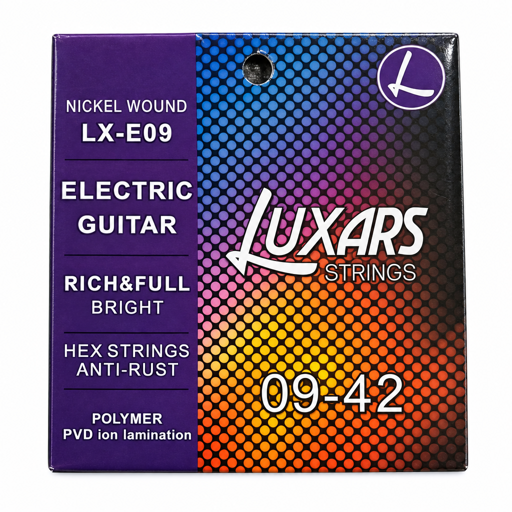 Close-up of the Luxars LX-E09 nickel wound electric guitar strings package showing the original 09-42 gauge and package specifications