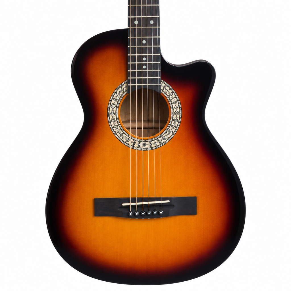 Natural close-up of the Grape 38-inch sunburst acoustic guitar showing the soundhole, strings, bridge, fretboard, and continuous sunburst finish