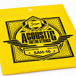 Close-up of the Smiger SAH-10 red copper acoustic guitar strings package showing the original .010-.048 gauge and package specifications