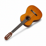 Yamaha C40 full-size classical nylon guitar shown diagonally with its complete body, neck, bridge, rosette, and tuning machines on a white background