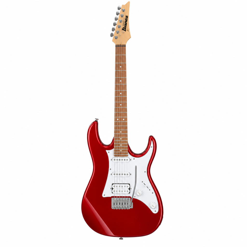 Ibanez GRX40-CA Candy Apple electric guitar, straight front view showing the glossy red finish and HSS pickup layout
