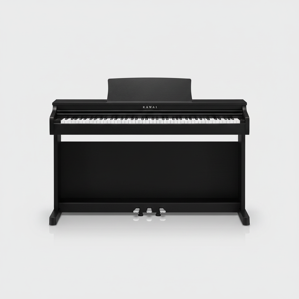 Kawai CX202 Satin Black digital piano shown from the front with 88-key keyboard, music rest, cabinet speakers, and three pedals on a light studio background