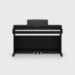 Kawai CX202 Satin Black digital piano shown from the front with 88-key keyboard, music rest, cabinet speakers, and three pedals on a light studio background