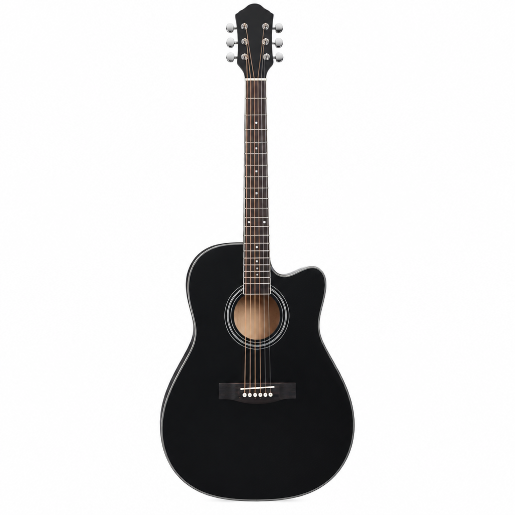Grape 38-inch black acoustic guitar, straight front view