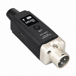 Close-up of one UHF wireless XLR audio adapter showing the display, SET control, USB-C port, printed transmitter marking, and XLR connector