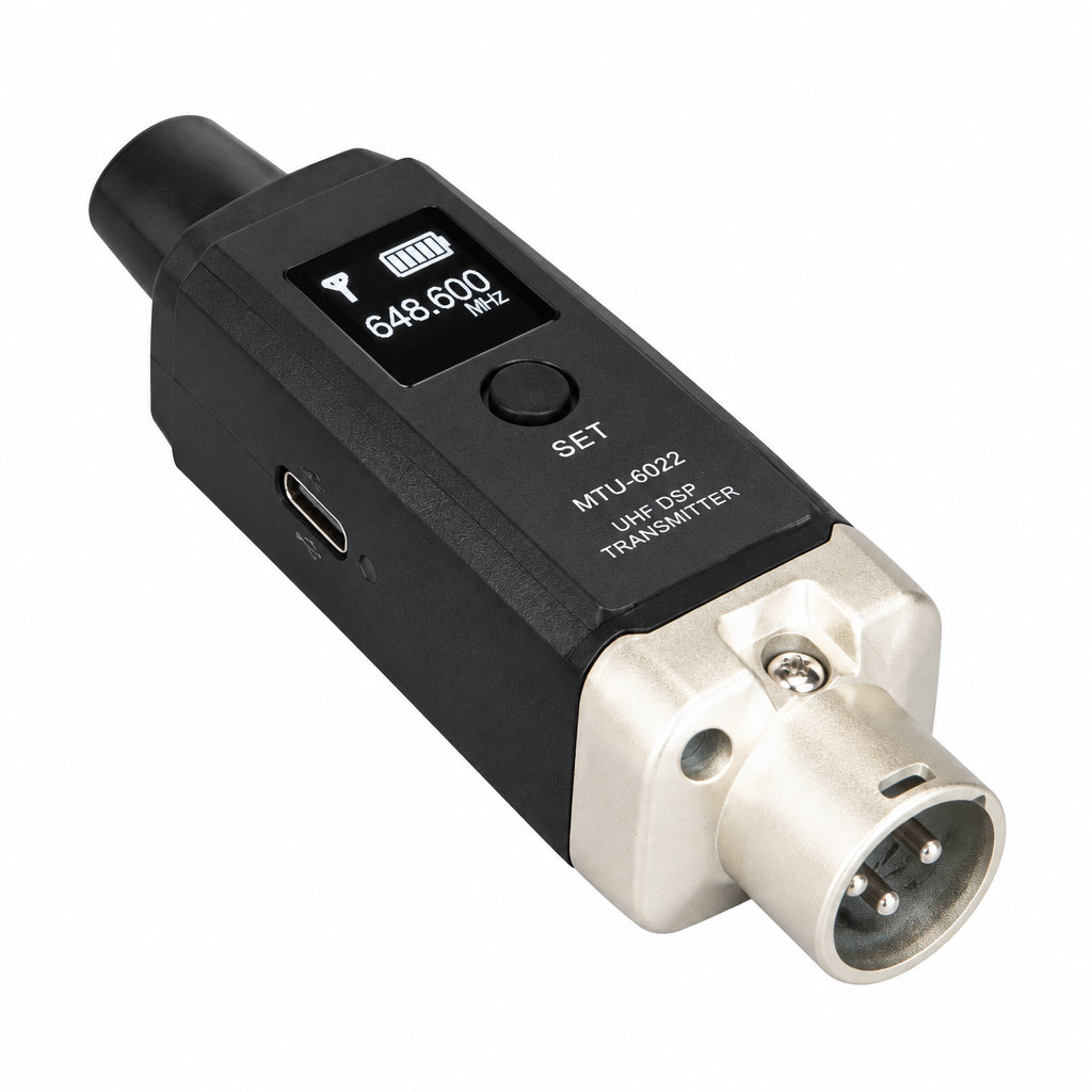 Close-up of one UHF wireless XLR audio adapter showing the display, SET control, USB-C port, printed transmitter marking, and XLR connector