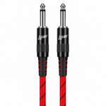 Straight close-up of the Luxars LCB-3A red instrument cable showing its two matching plugs, housings, strain reliefs, and cable jacket