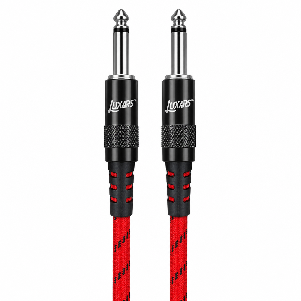 Straight close-up of the Luxars LCB-3A red instrument cable showing its two matching plugs, housings, strain reliefs, and cable jacket