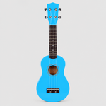 Unbranded GK-10 bright blue soprano ukulele shown from the front with four strings and guitar-style tuning machines