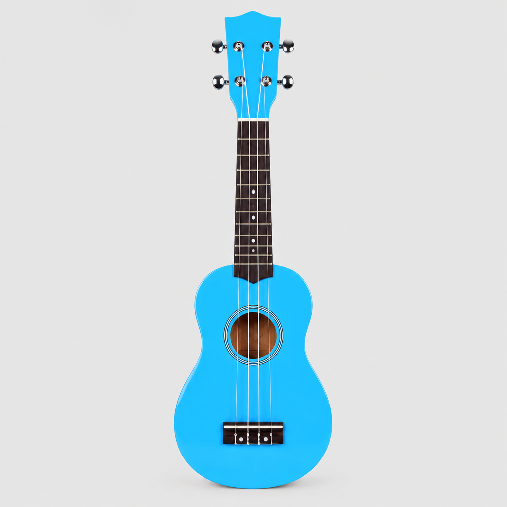 Unbranded GK-10 bright blue soprano ukulele shown from the front with four strings and guitar-style tuning machines