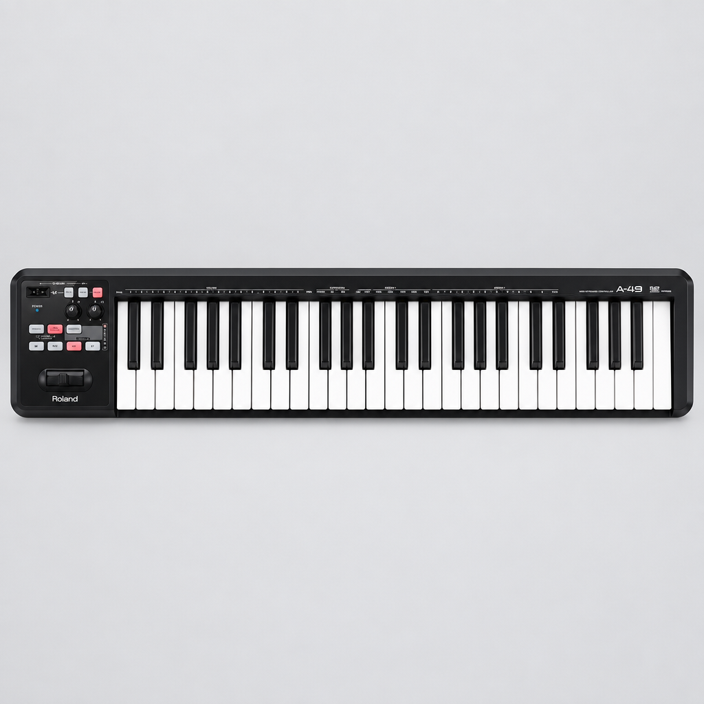 Straight-on full front view of the black Roland A-49 BK 49-key MIDI keyboard controller.