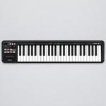 Straight-on full front view of the black Roland A-49 BK 49-key MIDI keyboard controller.