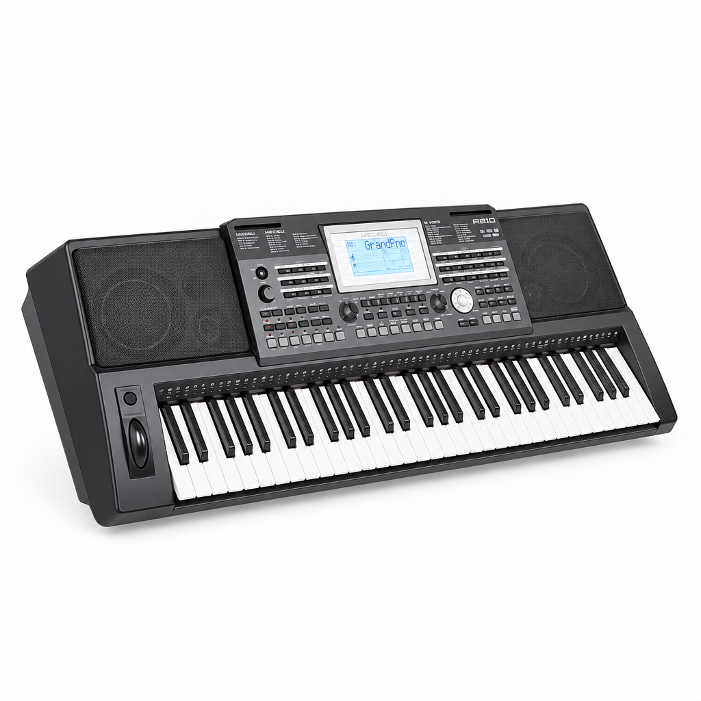 Three-quarter front view of the Medeli A810 arranger keyboard with its speakers, LCD, and controls.