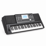 Three-quarter front view of the Medeli A810 arranger keyboard with its speakers, LCD, and controls.