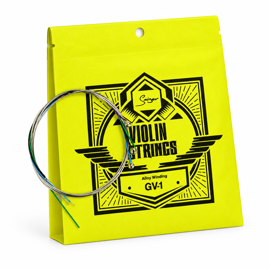 Smiger GV-1 violin strings package, three-quarter angled view showing package thickness and original manufacturer design