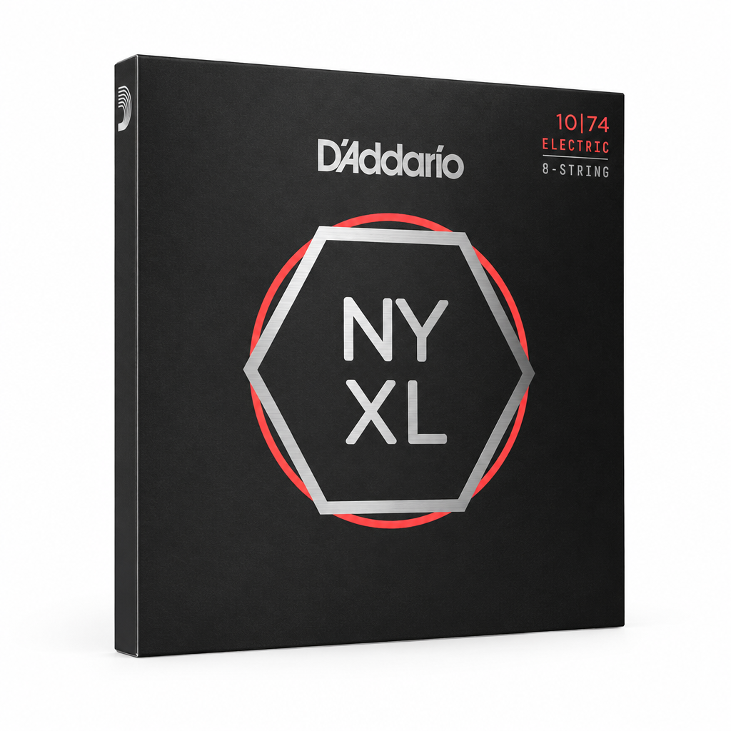 45-degree side view of the D'Addario NYXL1074 8-string electric guitar strings package, 10–74 gauge.