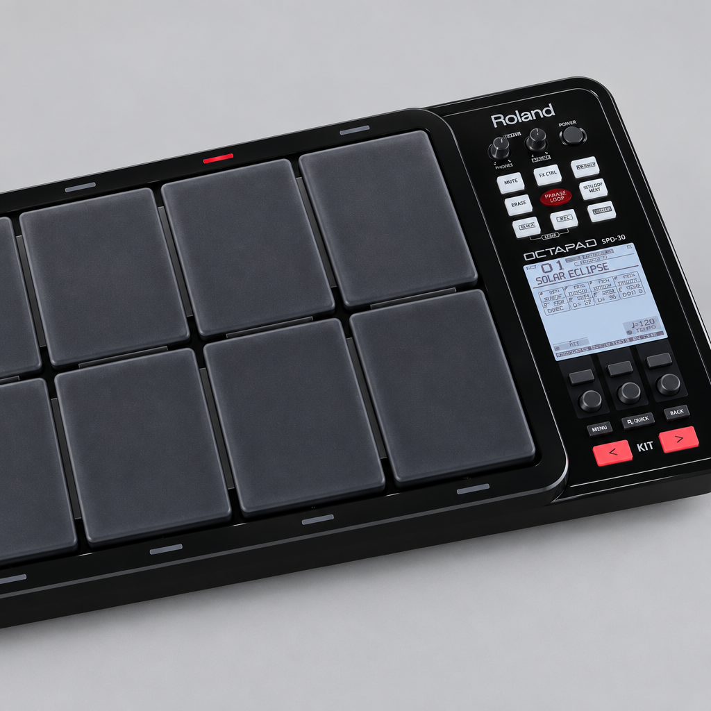 Close-up of the Roland SPD-30 Octapad pads, display, and control panel.