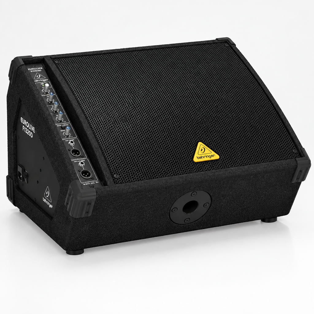 Three-quarter view of the Behringer Eurolive F1320D active floor monitor showing its wedge cabinet and control panel.