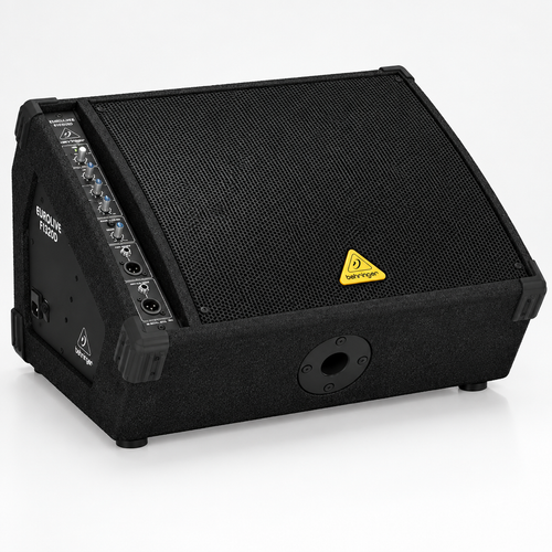 Three-quarter view of the Behringer Eurolive F1320D active floor monitor showing its wedge cabinet and control panel.