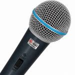 Close-up of the Tolaye TUM5800 microphone grille, blue accent ring, and on-off switch