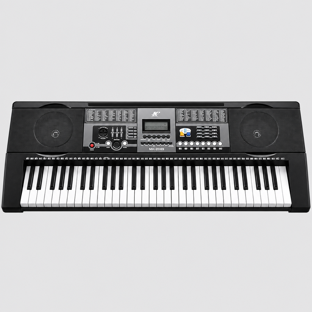Unbranded MK2089 electronic keyboard shown from the front with its 61 black and white keys, speakers, display, and control panel